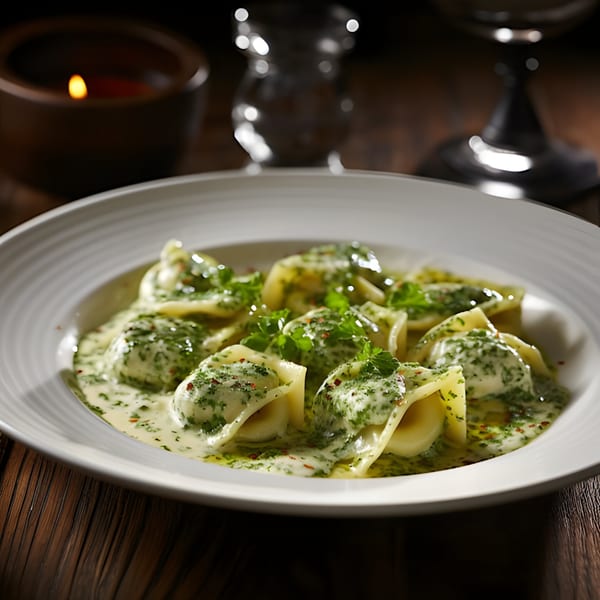 Matera Italian Restaurant's tortellini pasta in a creamy green sauce, garnished with herbs and chili flakes.