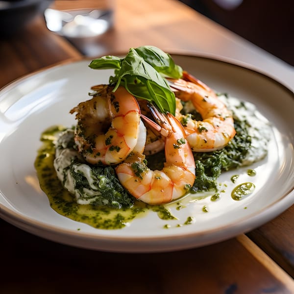 Grilled shrimp with fresh basil, pesto, and creamy spinach on a white plate at Matera Italian Restaurant.