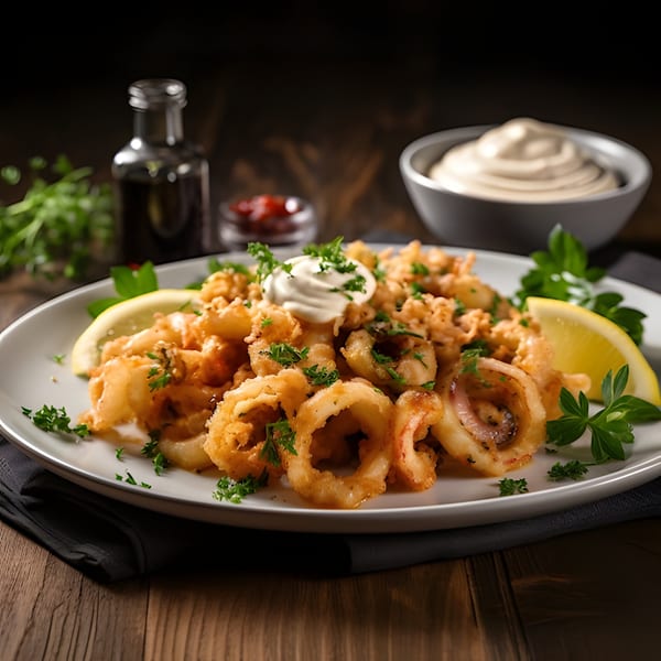 Crispy fried calamari with lemon wedges, parsley, and a dollop of white sauce on a plate.