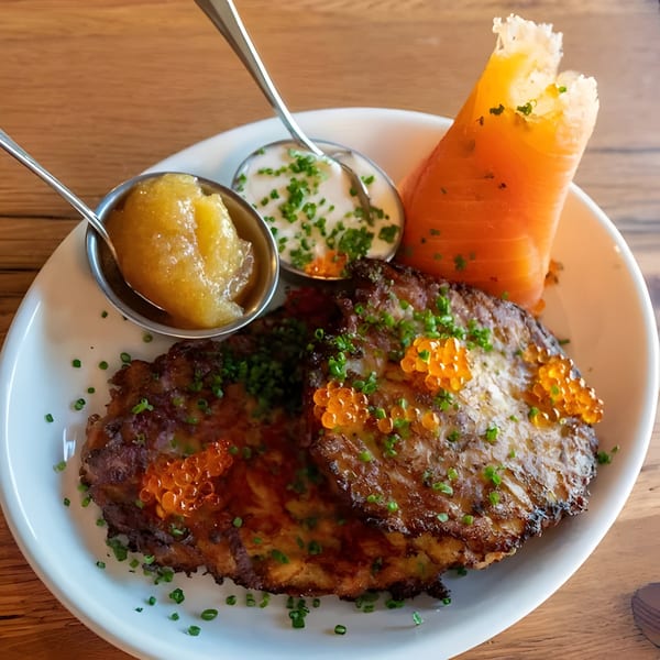 Two Matera Italian Restaurant & Bar potato pancakes with caviar, chives, apple sauce, and sour cream.