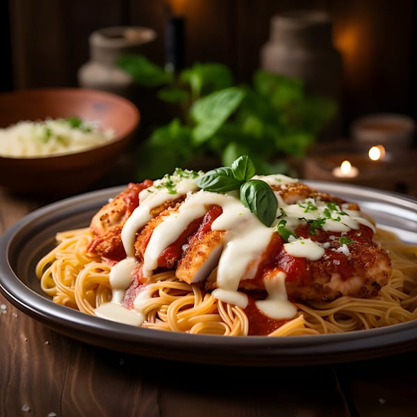 Chicken parmesan with spaghetti, red sauce, and white cheese sauce, garnished with basil.