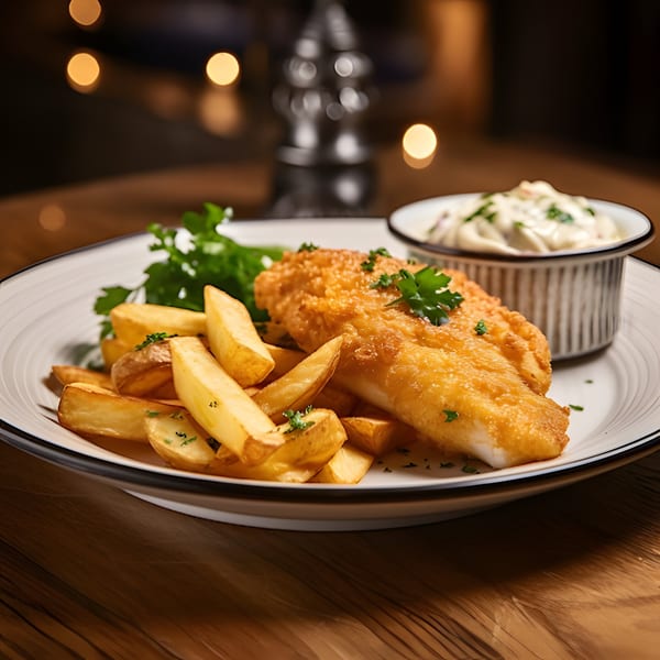 Golden-brown fish and chips with tartar sauce and parsley on a white plate at Matera.