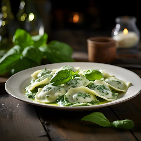 Spinach and ricotta ravioli with basil leaves on a white plate, on a dark wooden table.